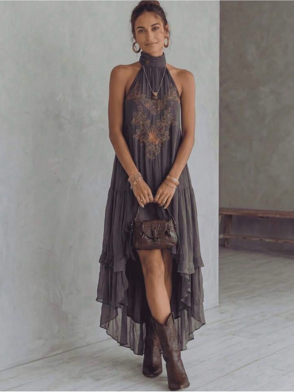 High-Neck Embroidered Hi-Low Chiffon Dress